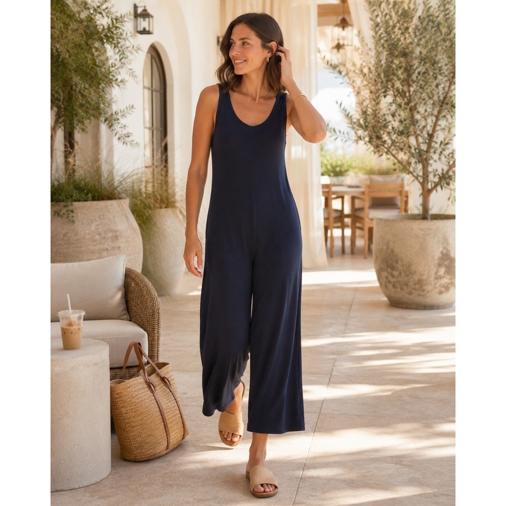 Marine Layer Luxe Rib Navy Sleeveless Wide Leg Lounge Jumpsuit XS Modal Blend